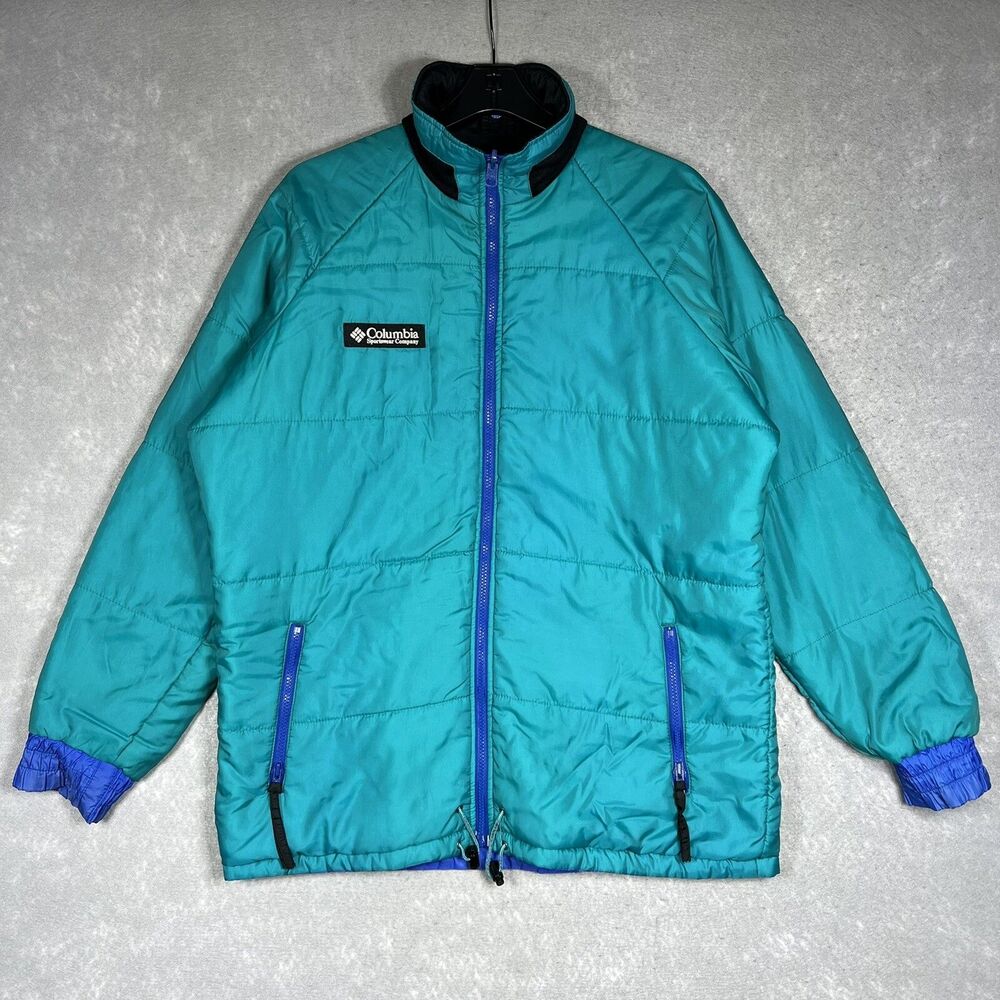 Vintage Columbia Jacket Mens Size Medium Blue Black Green Reversible Zipper